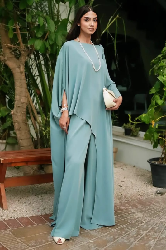Elan - Sage Green Asymmetric Twill-Crepe Co-Ord Set