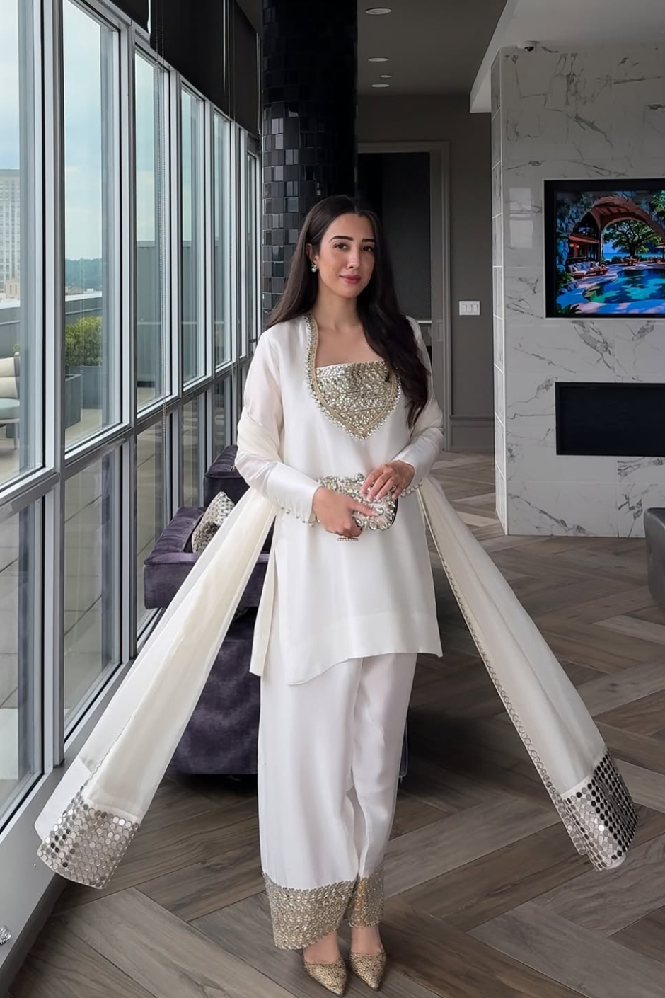 Chandni Half-White & Gold Farshi Set