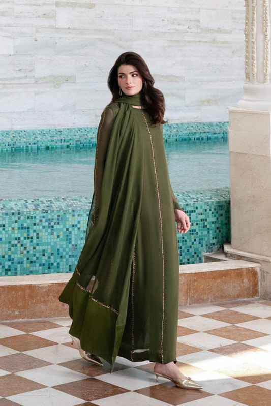 Mehru - Dark Green Rhinestone Bamber Chiffon Set
