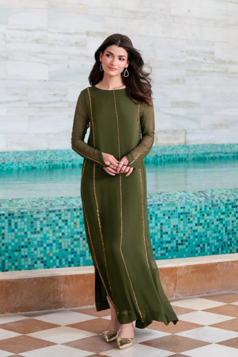 Mehru - Dark Green Rhinestone Bamber Chiffon Set