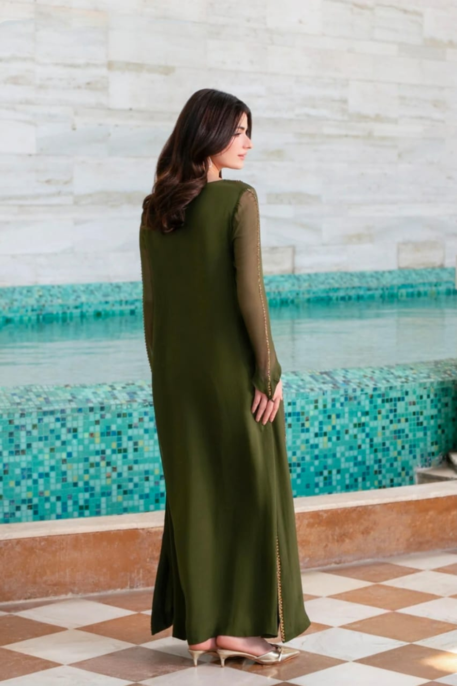 Mehru - Dark Green Rhinestone Bamber Chiffon Set