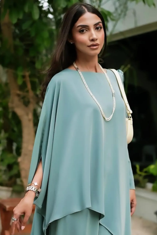 Elan - Sage Green Asymmetric Twill-Crepe Co-Ord Set
