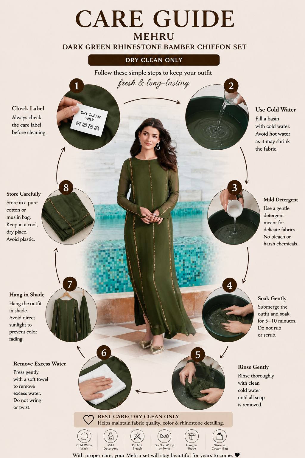 Mehru – Dark Green Rhinestone Bamber Chiffon Set with Gold Accents