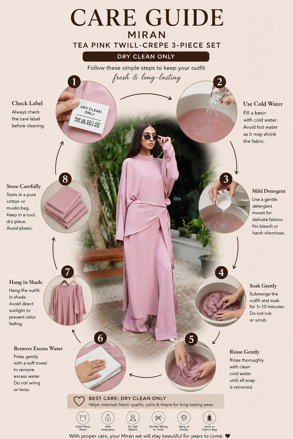 Miran – Tea Pink Twill-Crepe 3-Piece Set with Flared Pants & Versatile Scarf