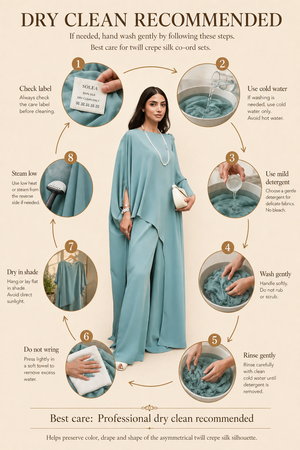 Elan – Sage Green Asymmetric Twill Crep Silk 2-Piece Co-ord Set with Flared Pants