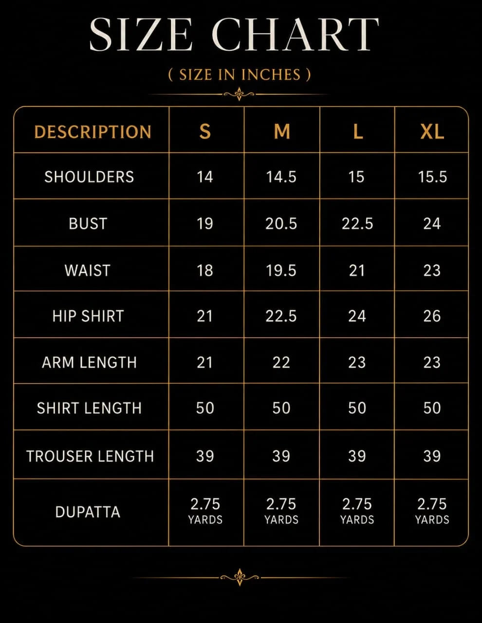 Sparkle - pure shalmoz silk with soft organza dupatta size chart
