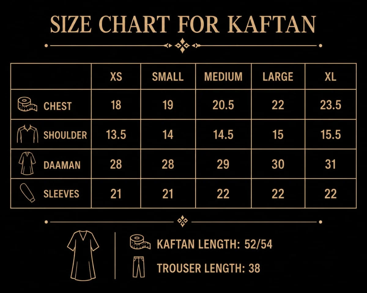Solea New Silk Kaftan Set – Yellow Embroidered 2 & 3 Pieces size chart