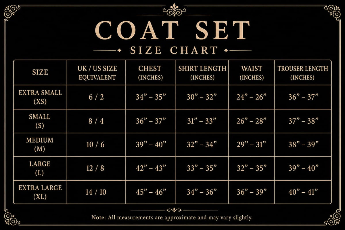 Onyx 3-Piece Set size chart
