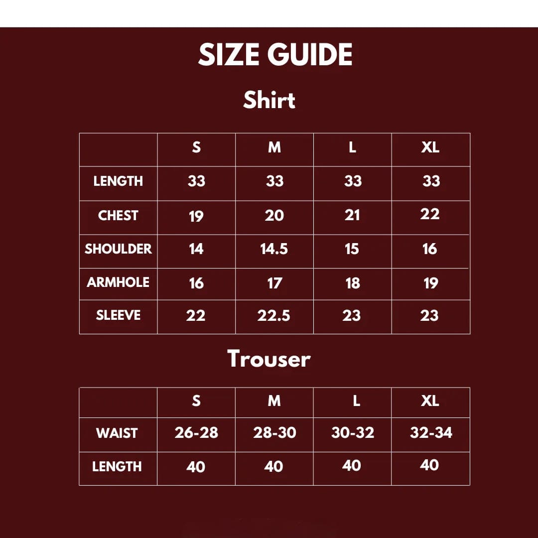 MEHR Farshi Shalwar Kameez size chart