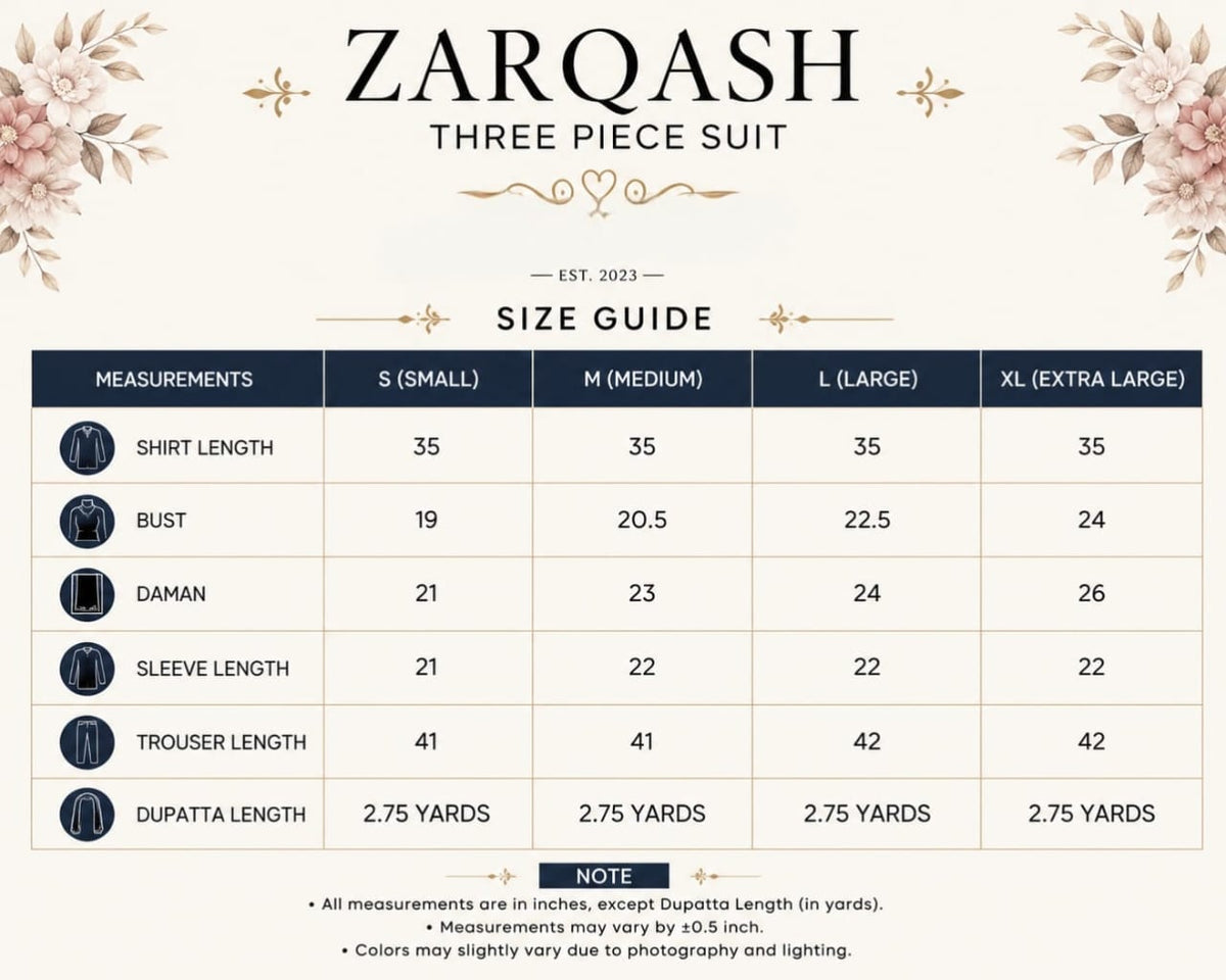 Zarqash Russian Silk 3-Piece size chart