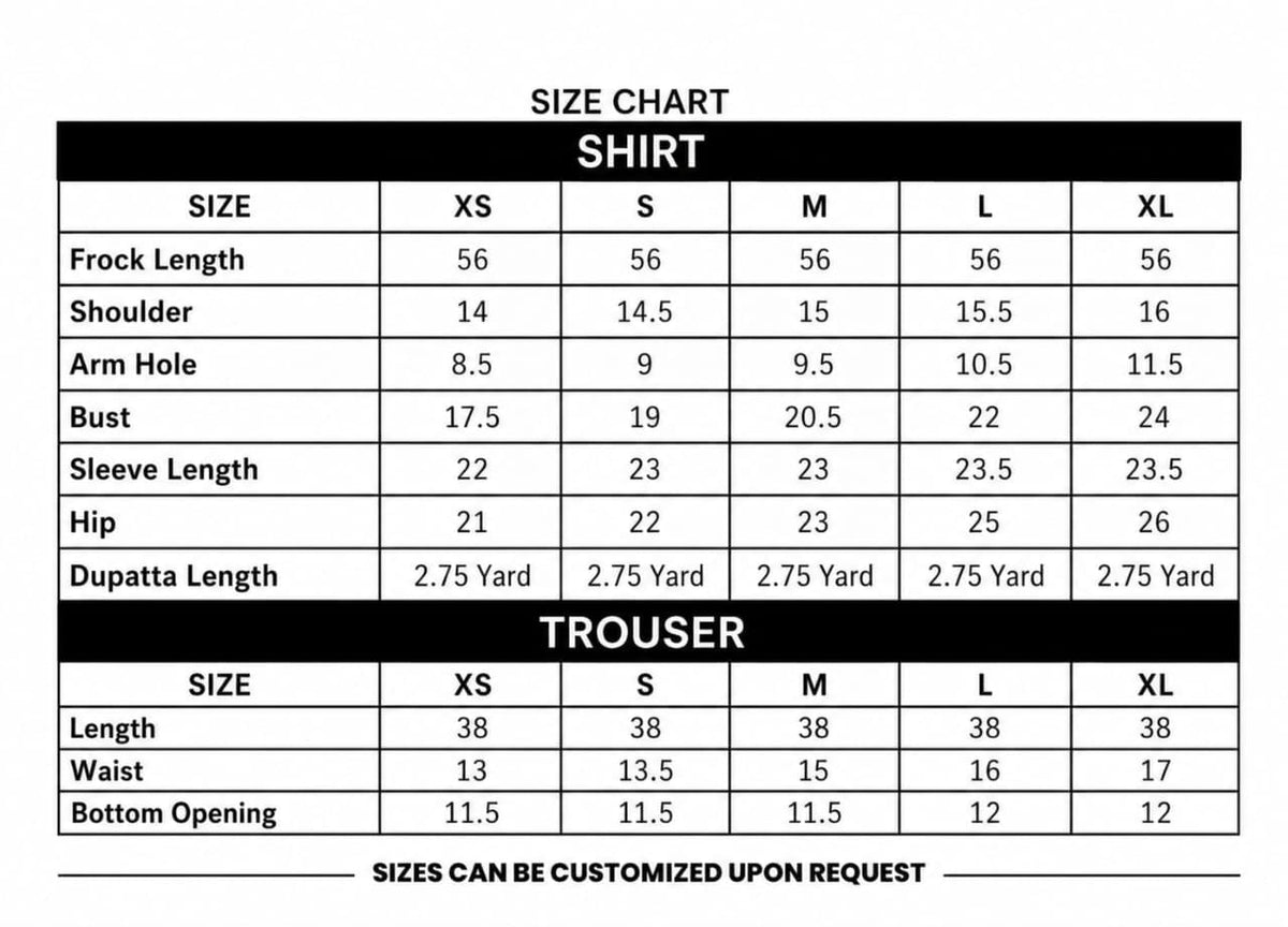 Dil Ruba size chart