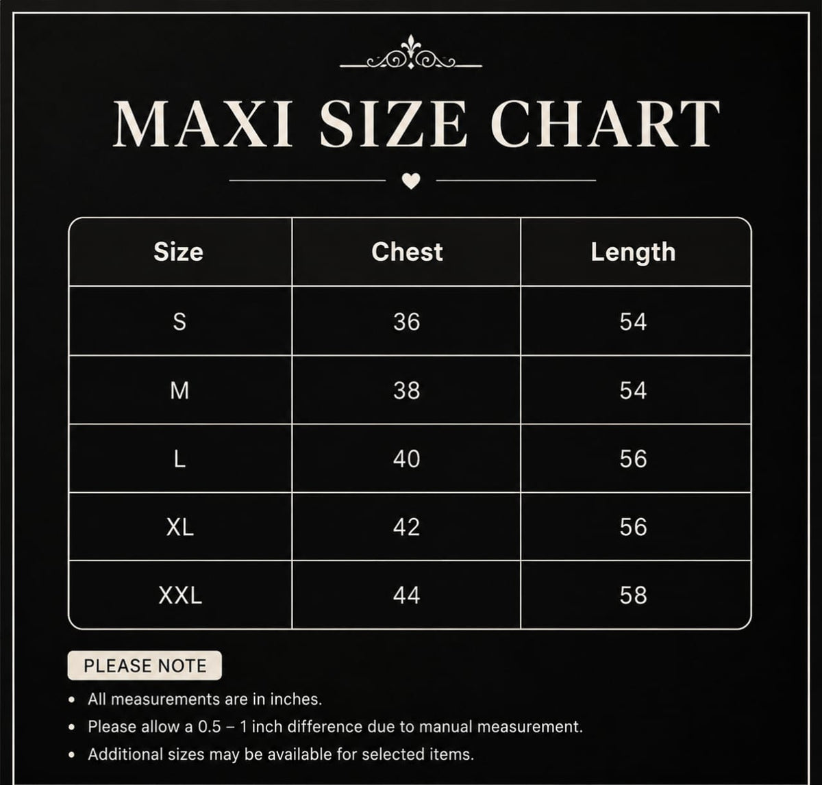 Black Beauty – Elegant Chiffon Maxi Dress size chart